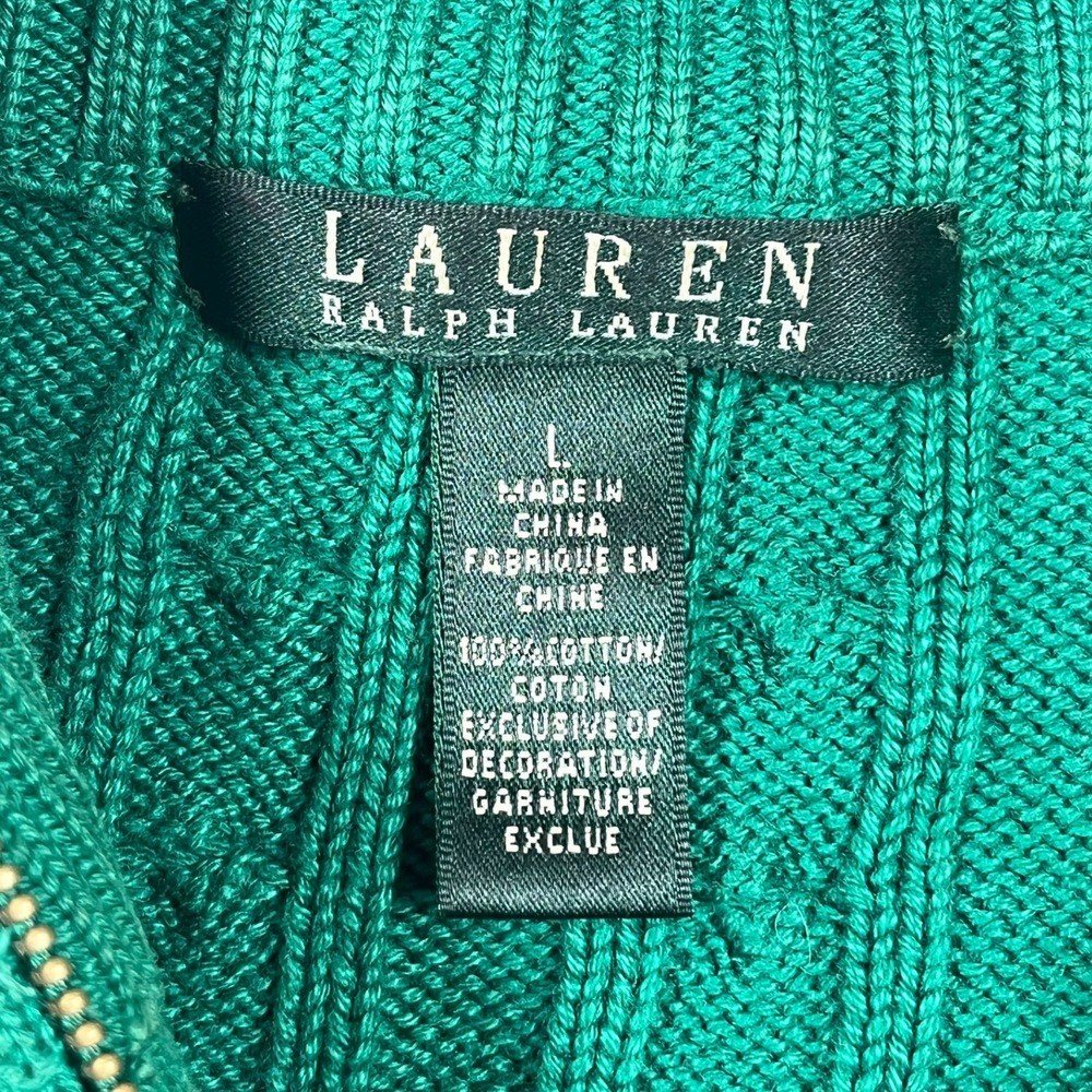 Lauren Ralph Lauren Full Zip Cable Knit Cardigan Womens L Green Mock Neck Preppy - Picture 2 of 12